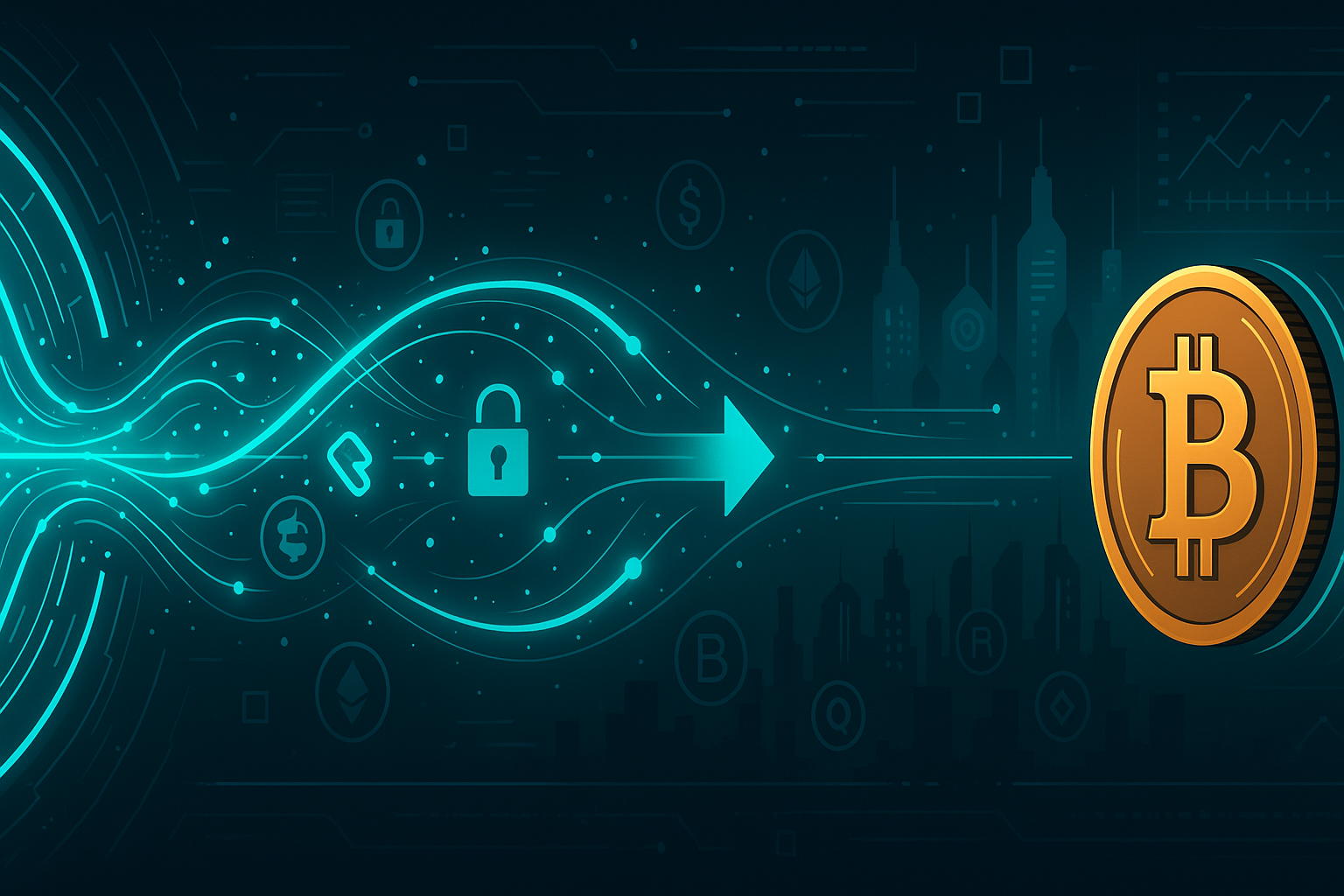 Futuristic atomic swap tunnel converting ATOM coin to BTC with neon crypto icons