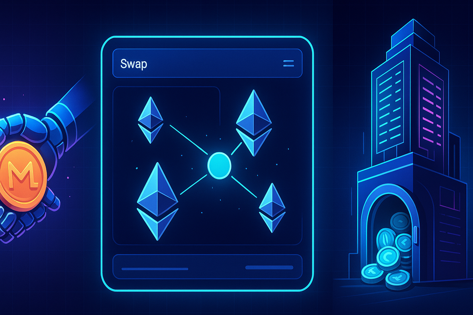 Futuristic crypto art comparing atomic swaps, DEX interfaces, and CEX trading platforms