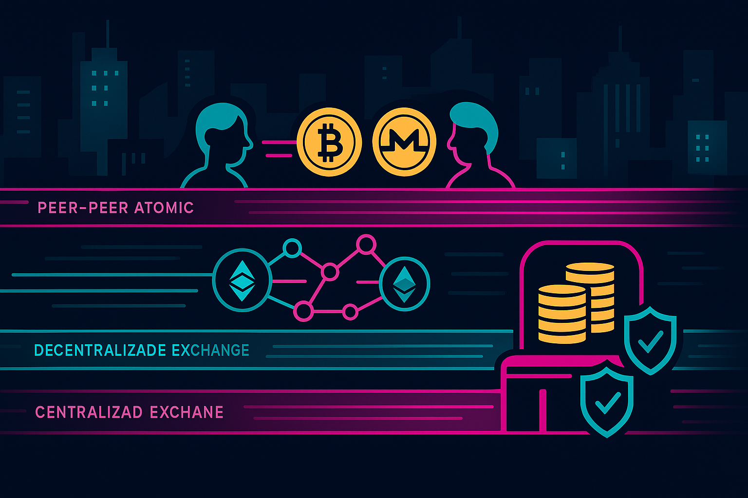 Illustration comparing atomic swaps, DEX, and CEX trading paths in a neon crypto city
