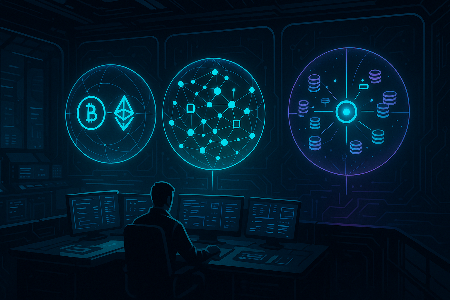 Sci-fi crypto control room comparing atomic swaps, DEXs and CEXs