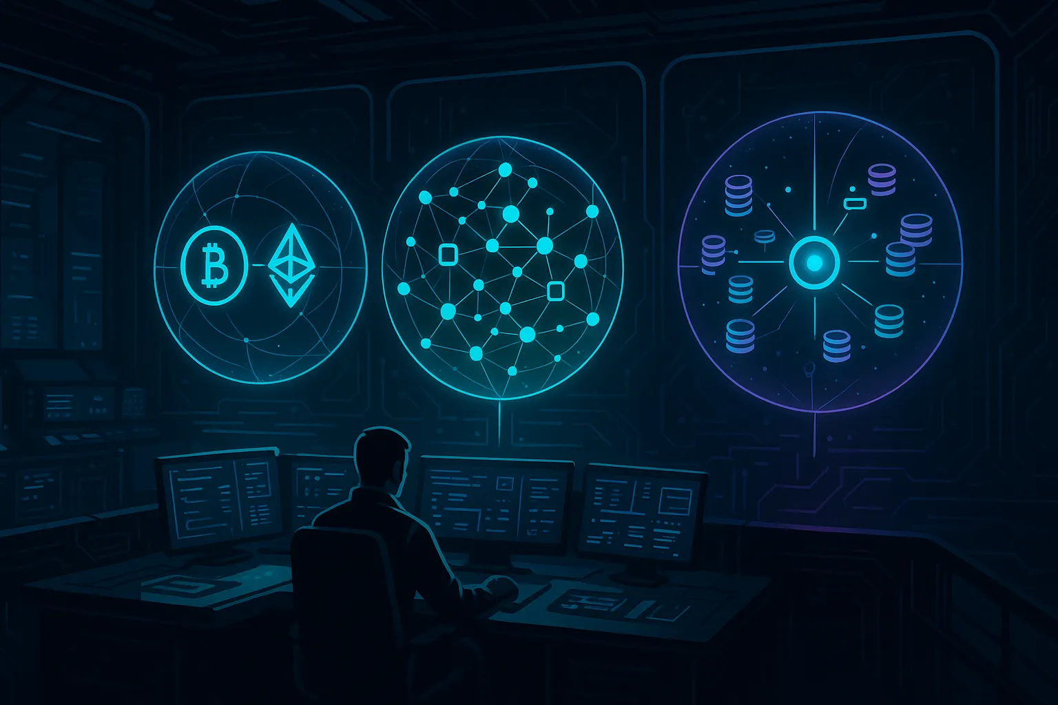 Sci-fi crypto control room comparing atomic swaps, DEXs and CEXs
