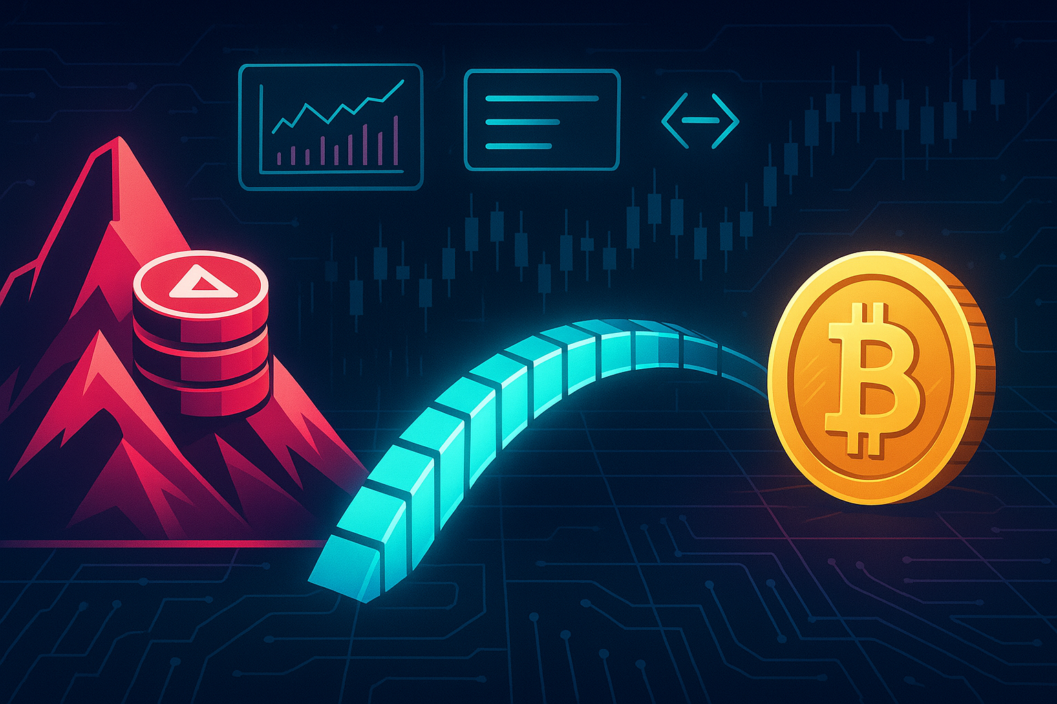 Digital bridge connecting AVAX-style token mountain to BTC coin in a neon crypto trading interface