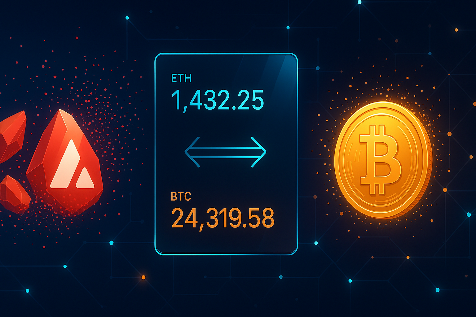 AVAX to BTC swap dashboard with tokens transforming across a crypto trading interface