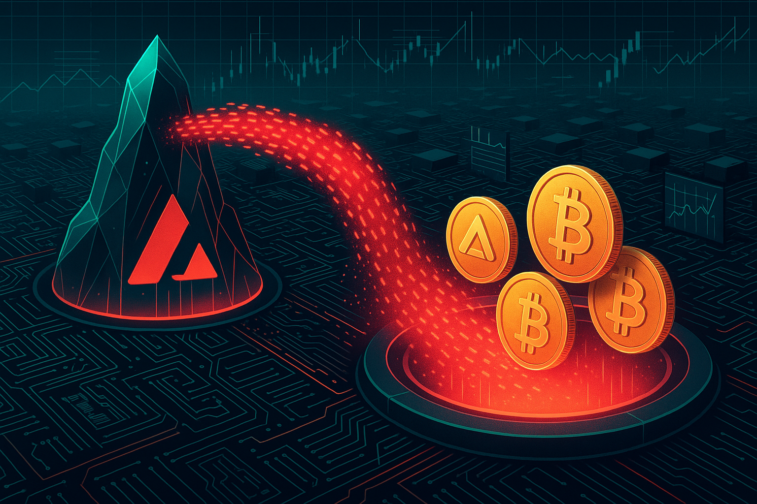 Cyberpunk crypto hub visualizing AVAX to BTC swap with glowing digital coins