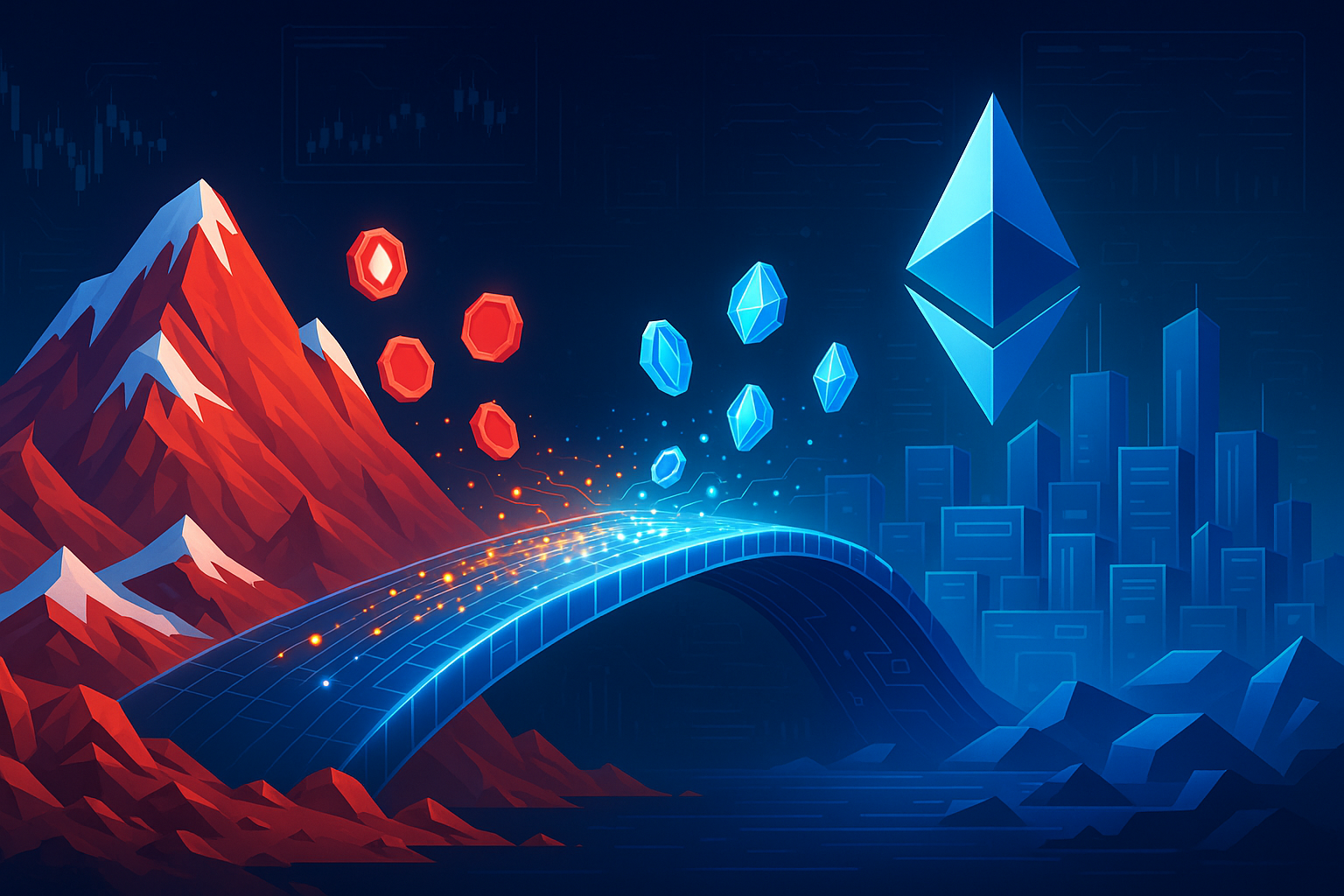 Futuristic digital bridge visualizing a seamless AVAX to ETH swap