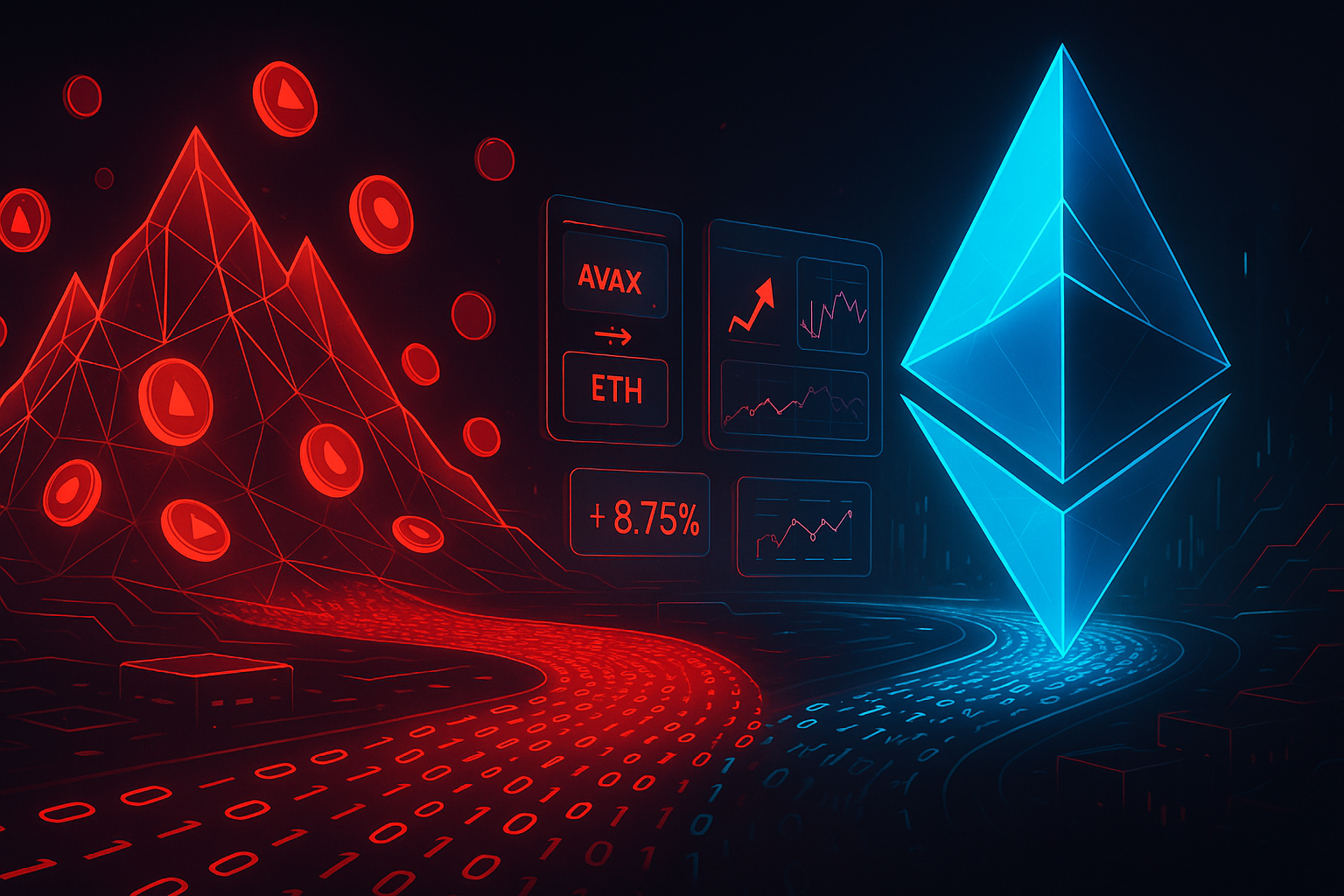 Cyberpunk AVAX to ETH swap landscape with neon DeFi nodes and charts