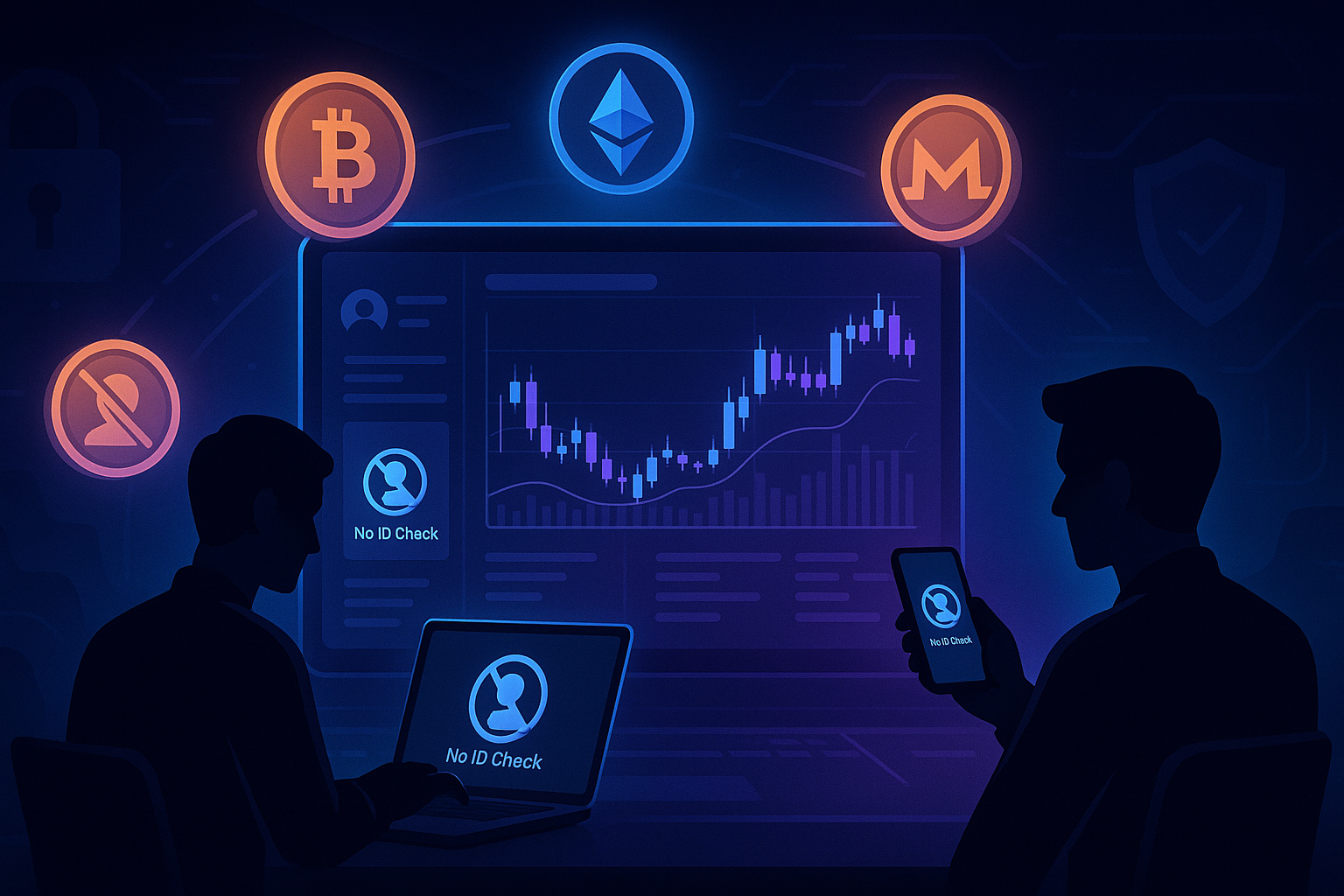 Futuristic no KYC crypto trading dashboard with anonymous users and glowing coins
