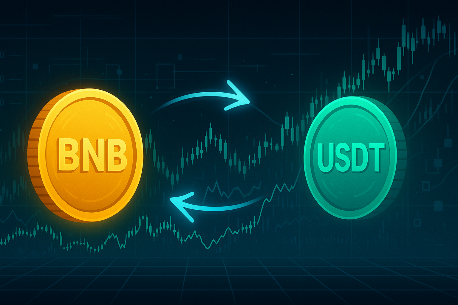 BNB to USDT exchange banner with crypto charts and glowing arrows
