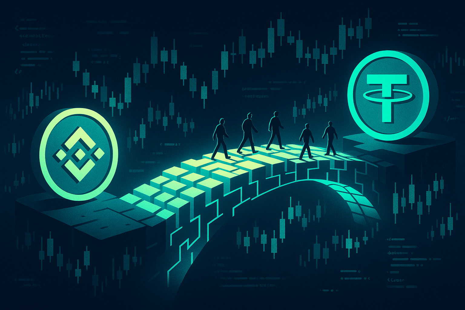 Digital bridge of glowing blocks linking BNB-style coin to USDT-style stablecoin