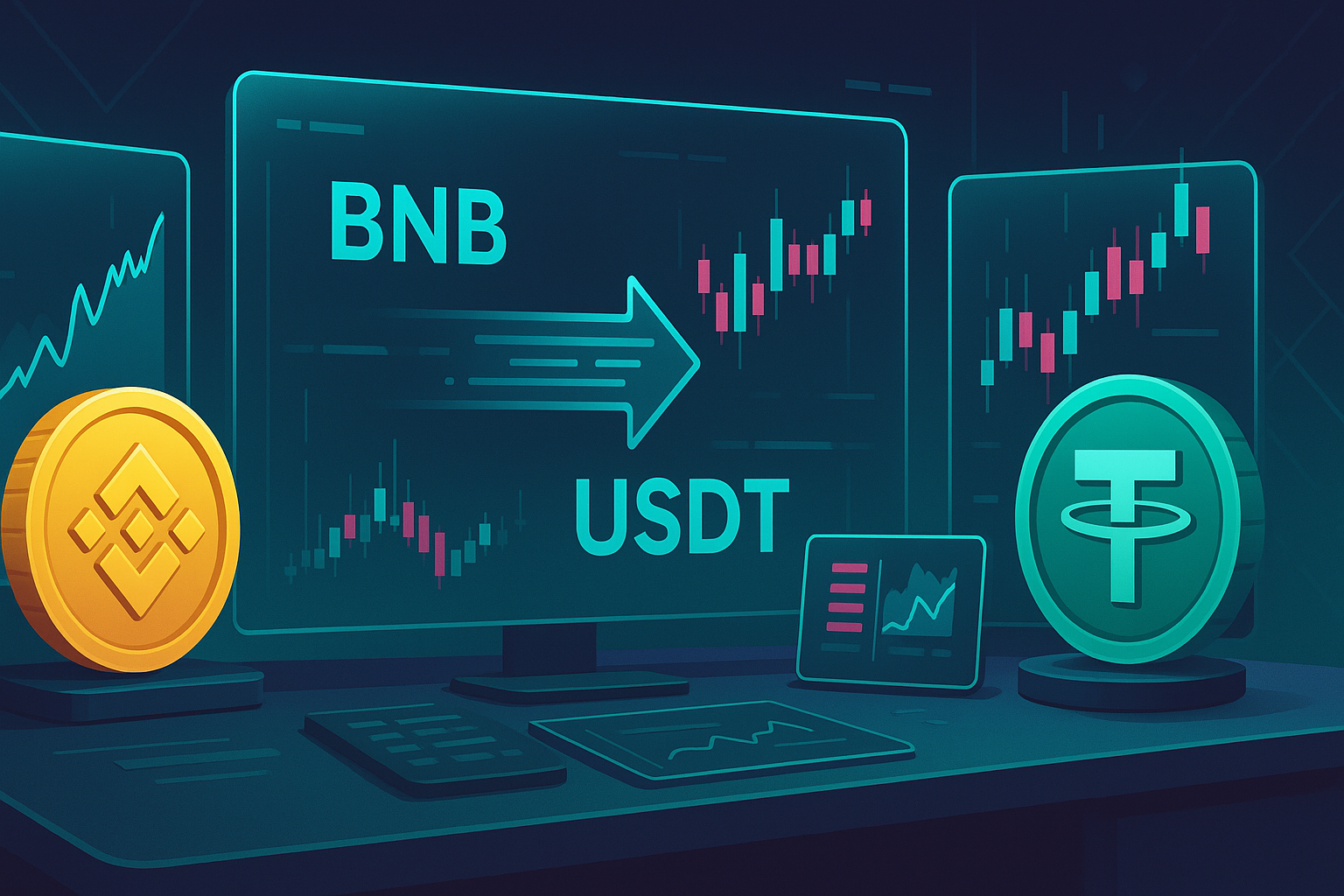 Futuristic trading desk showing BNB to USDT conversion charts and order book