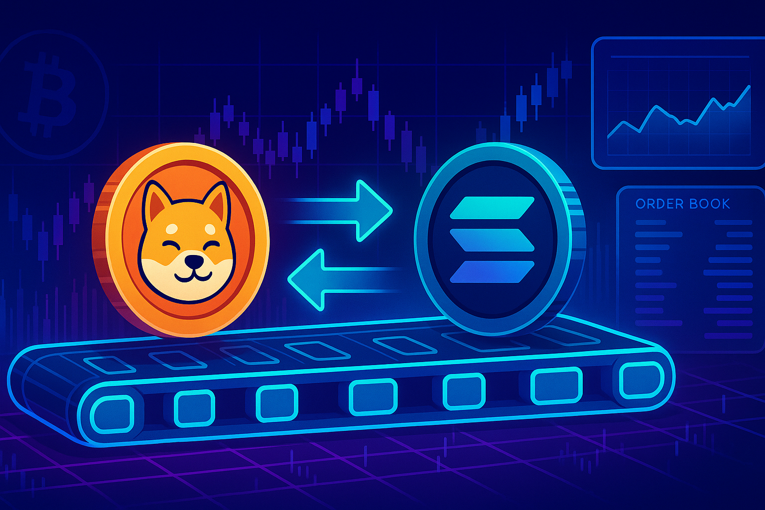 BONK to SOL token swap banner with meme dog coin and teal coin on neon crypto conveyor