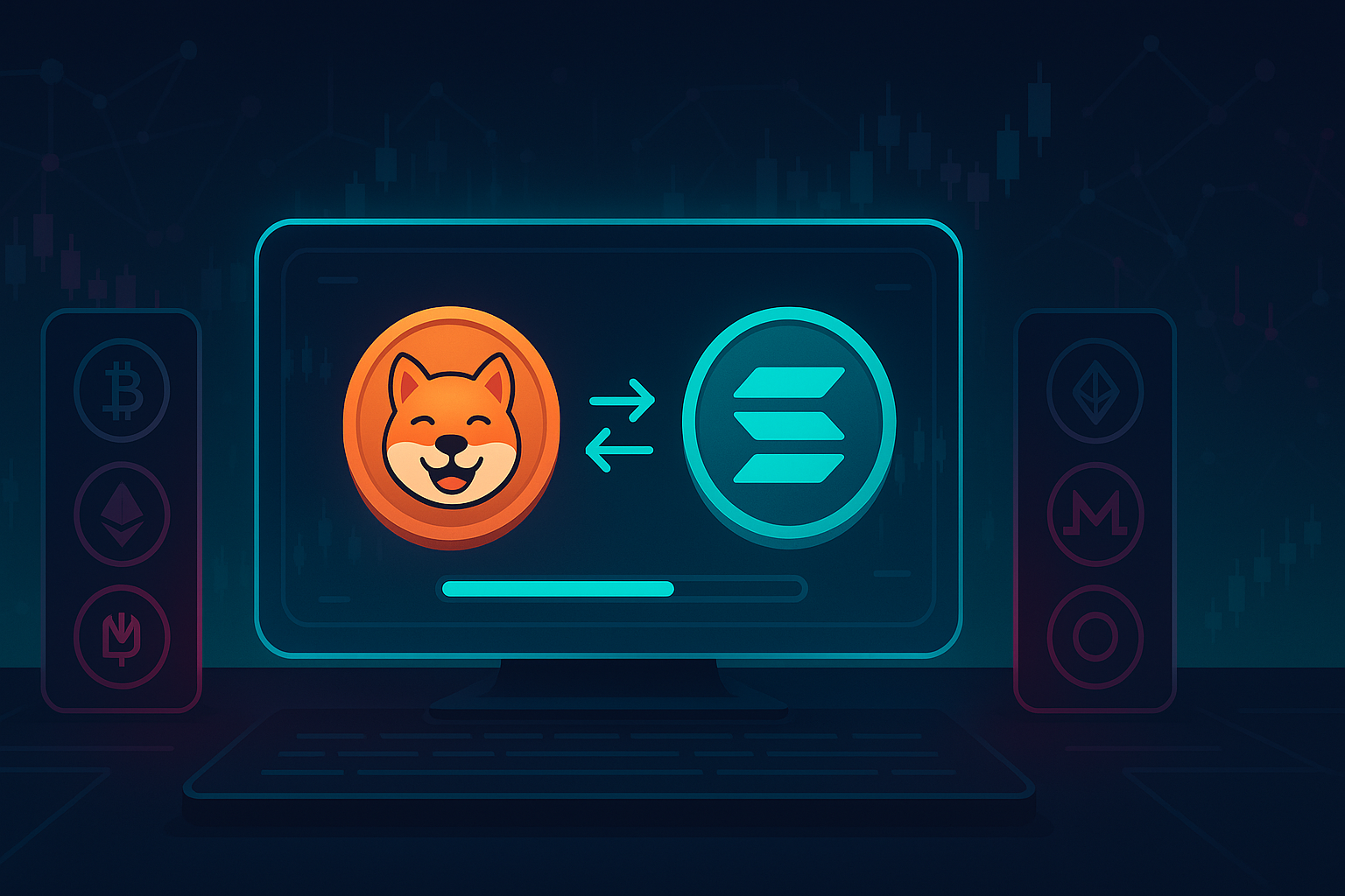 Futuristic crypto terminal showing a BONK to SOL swap interface on a dark holographic desk