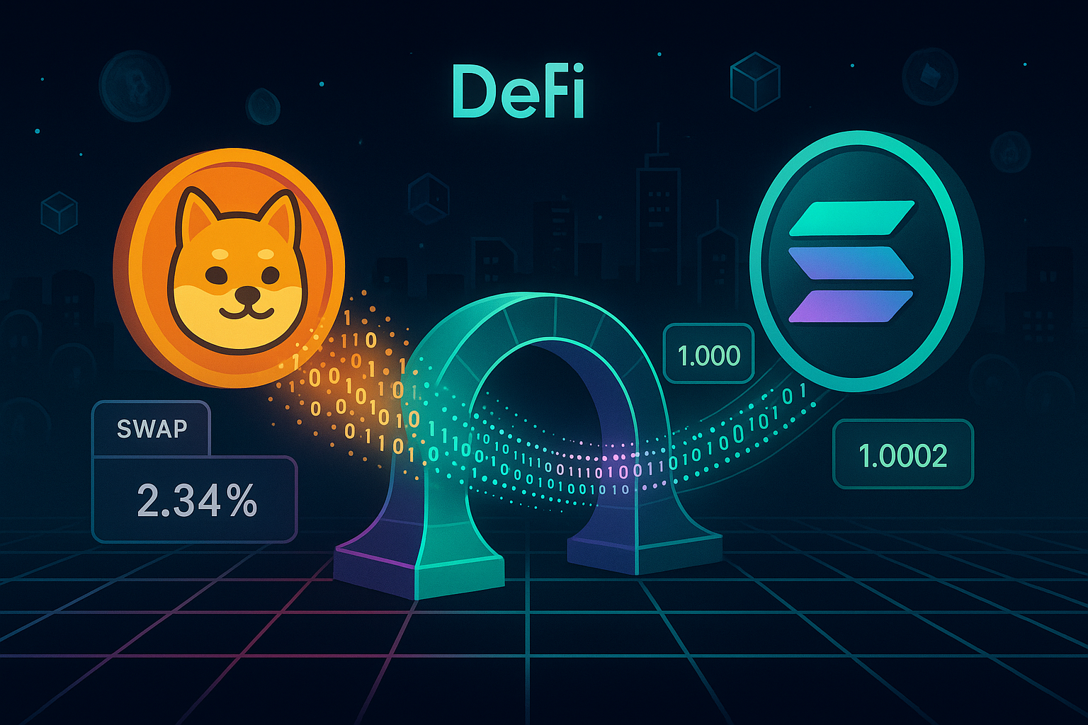 Abstract DeFi bridge illustration showing BONK to SOL crypto swap flow