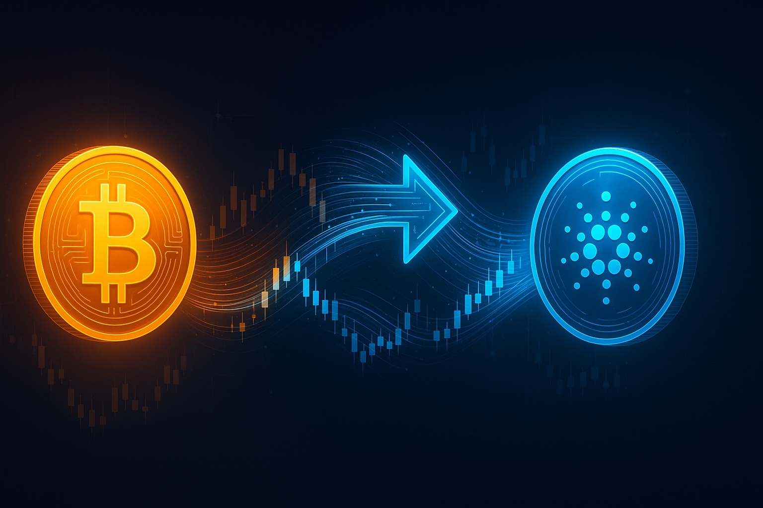 High-tech BTC to ADA swap banner with glowing coins and data stream arrow