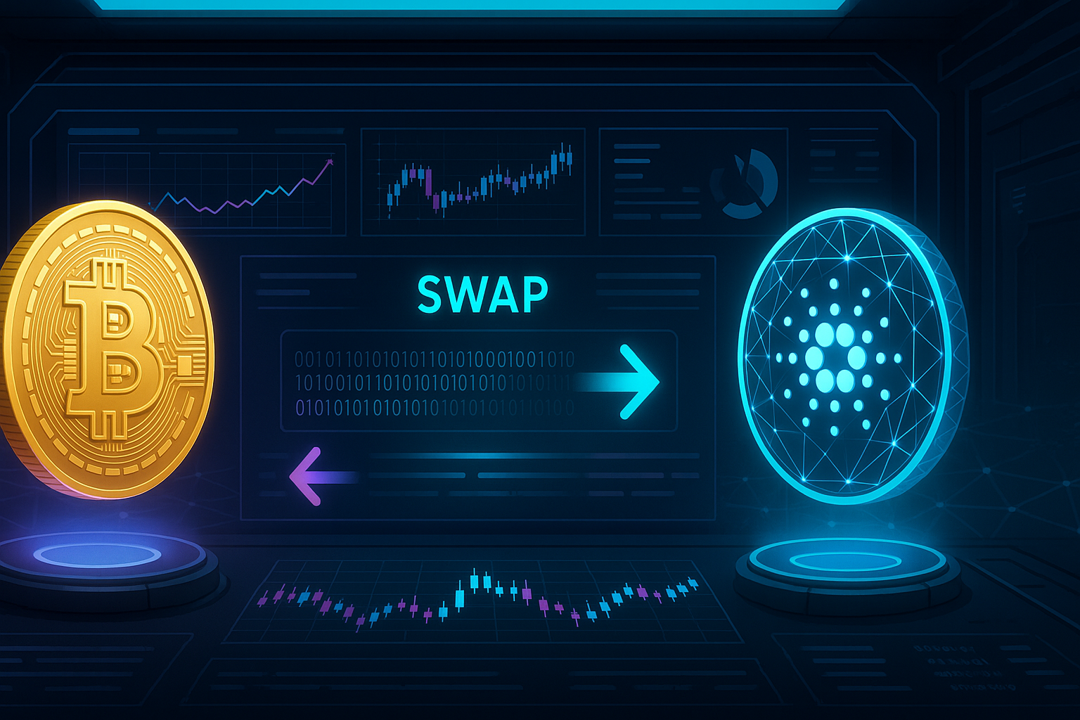 Futuristic crypto dashboard showing BTC to ADA swap progress