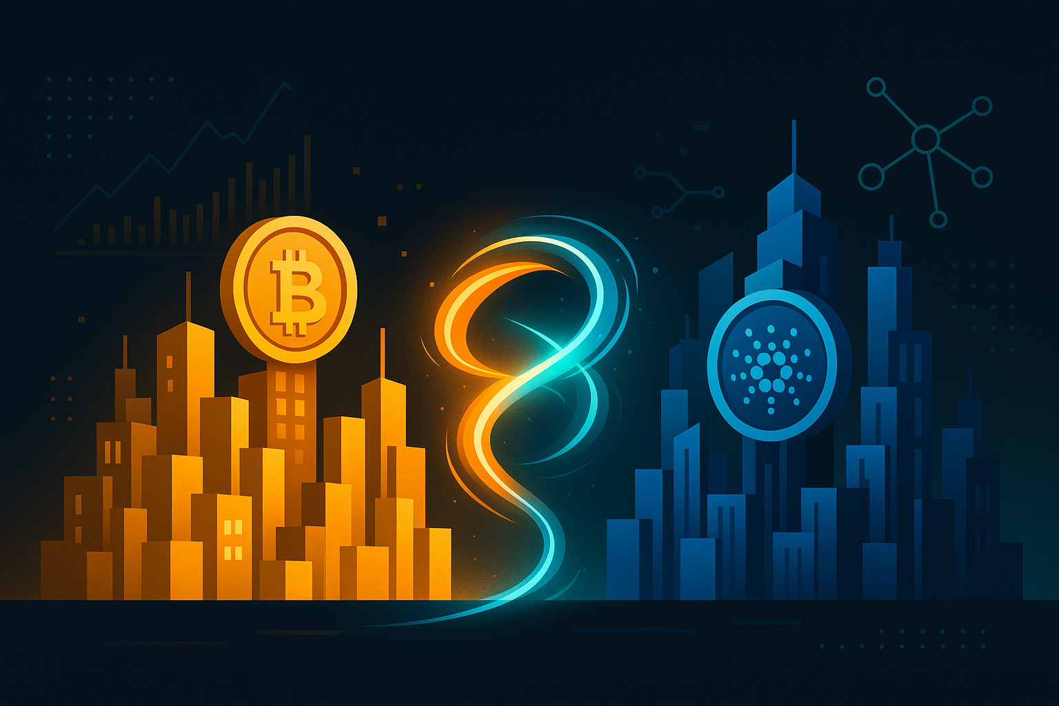 Futuristic Bitcoin and Cardano cityscapes linked by an instant crypto swap bridge at night