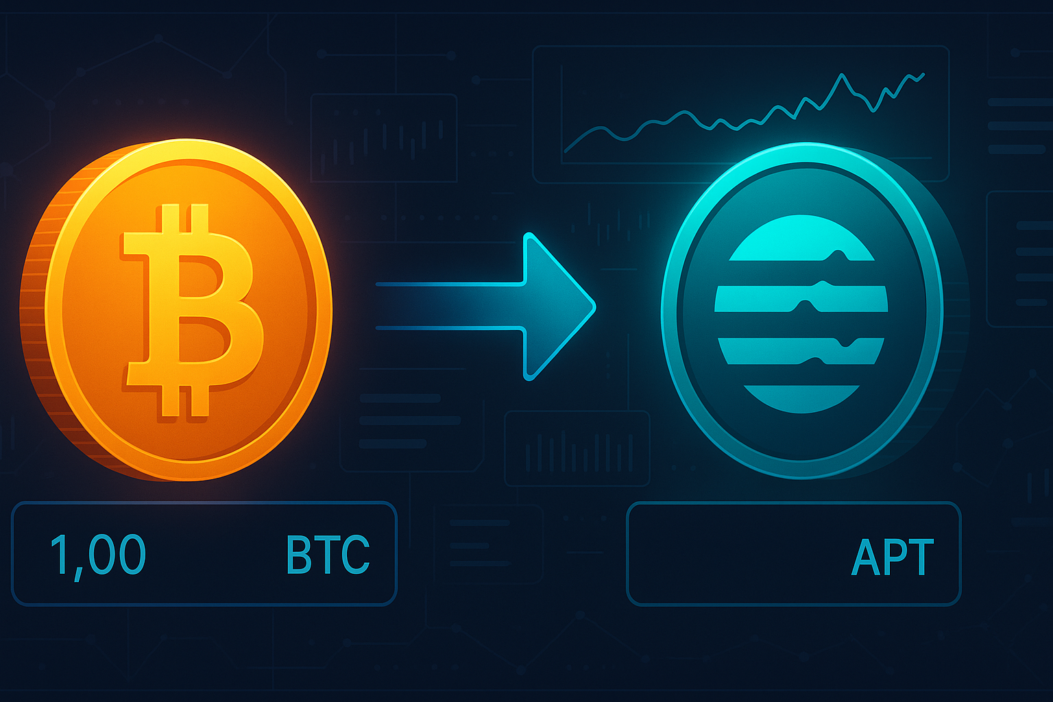 Futuristic crypto dashboard showing BTC to APT swap with neon charts