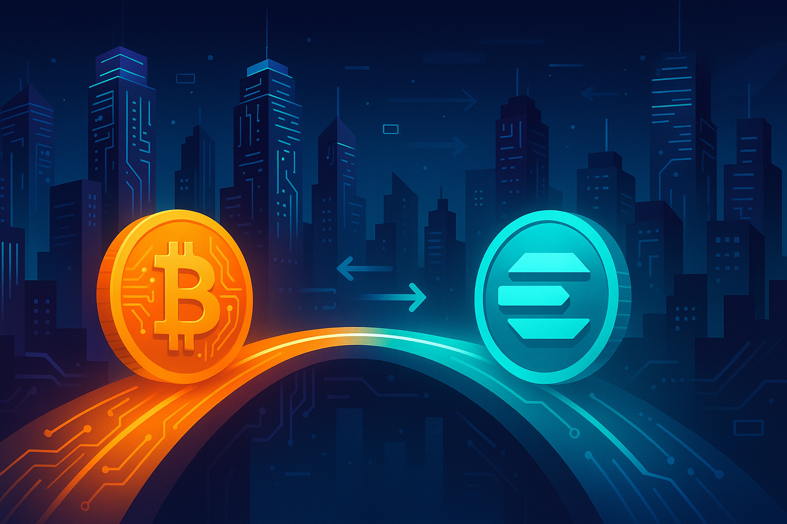 Digital cityscape showing Bitcoin to Aptos coin swap on a glowing crypto exchange bridge at night