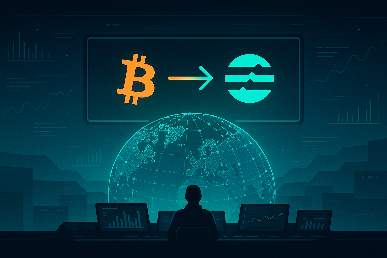 Futuristic crypto control room showing BTC to Aptos coin swap on holographic globe
