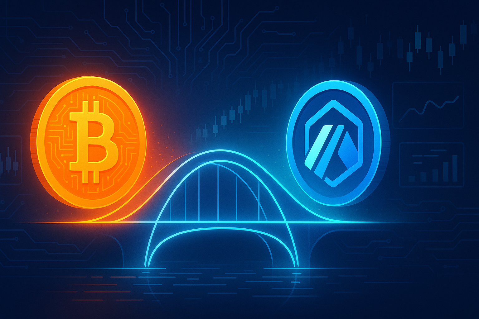 Futuristic crypto terminal visualizing a BTC to Arbitrum-style swap over a glowing digital bridge