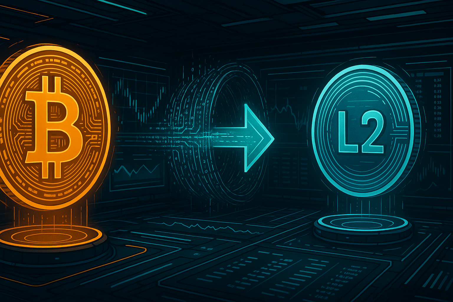 Cyberpunk trading dashboard showing BTC to L2 swap with data bridge