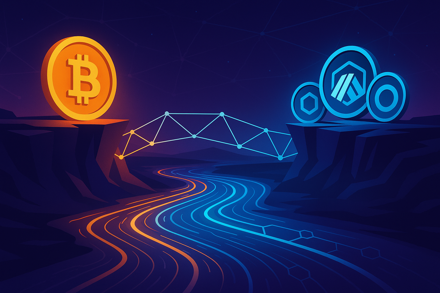 Abstract crypto swap showing Bitcoin flowing to Arbitrum across a glowing data bridge