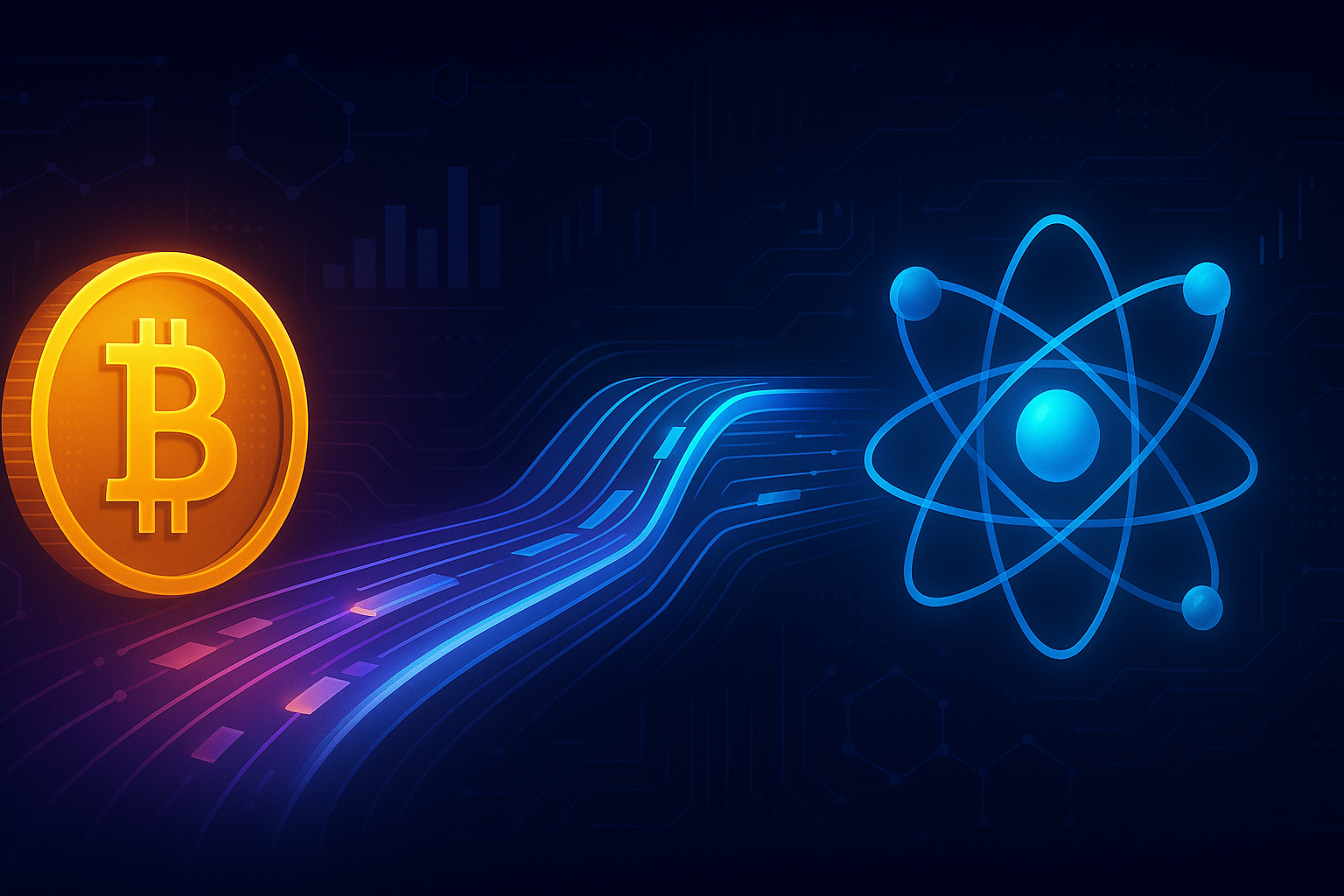 Bitcoin coin morphing into Atom symbol over a glowing crypto swap bridge
