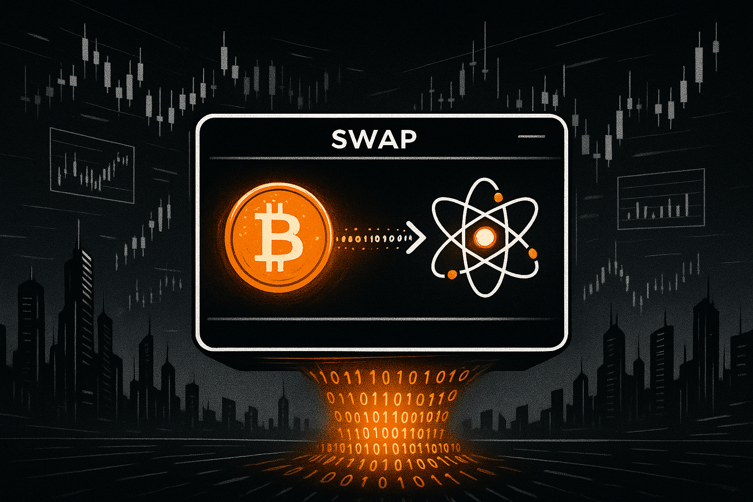 Futuristic crypto terminal visualizing a BTC to ATOM swap with glowing digital data flow
