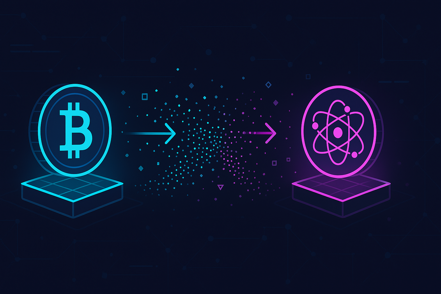 Abstract BTC to ATOM swap illustration with digital blockchain platforms and particle streams