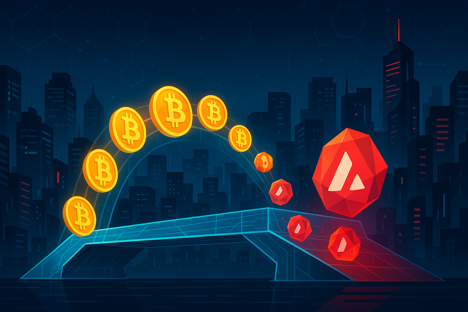 Digital crypto bridge swapping glowing BTC coins into AVAX tokens in a neon cyberpunk city