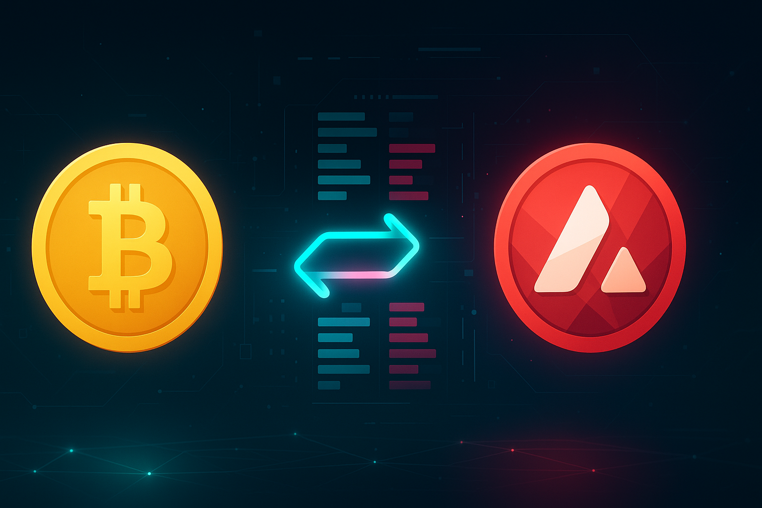 Abstract BTC to AVAX swap dashboard banner with exchange arrow and order book