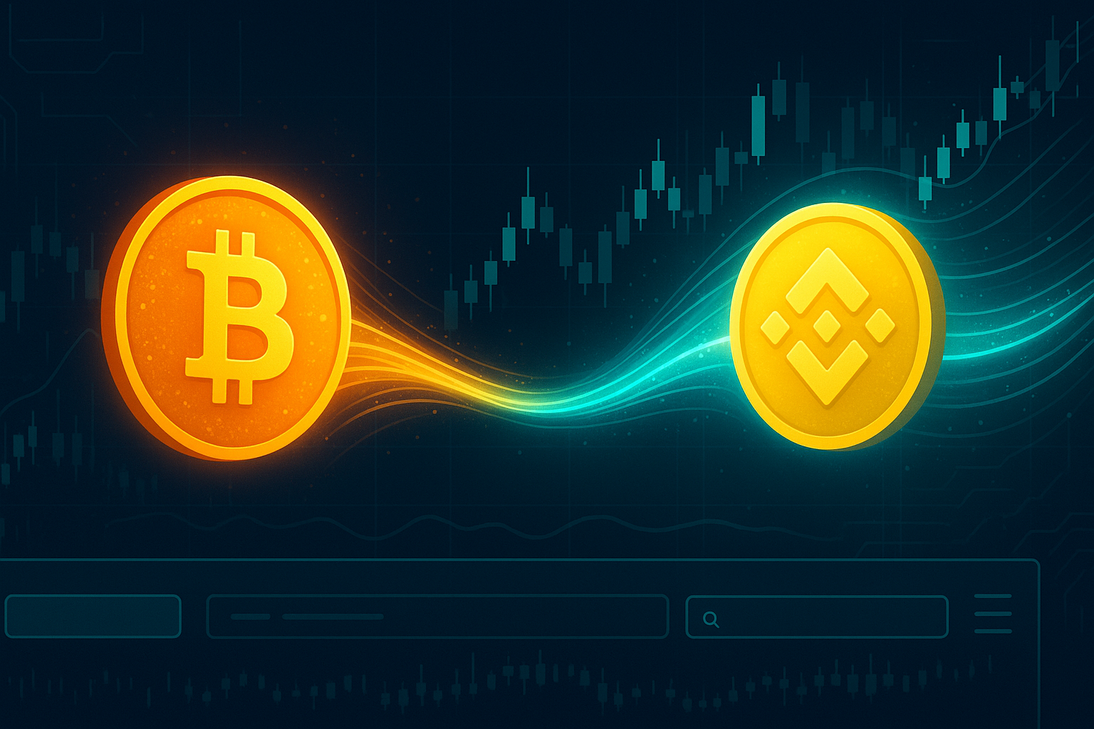 Bitcoin to Binance-style coin swap interface with charts and data streams