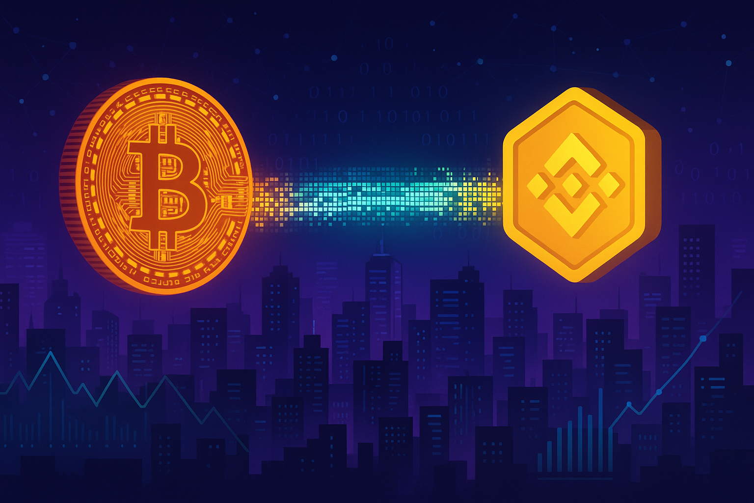 Futuristic digital cityscape showing a BTC to BNB crypto swap bridge