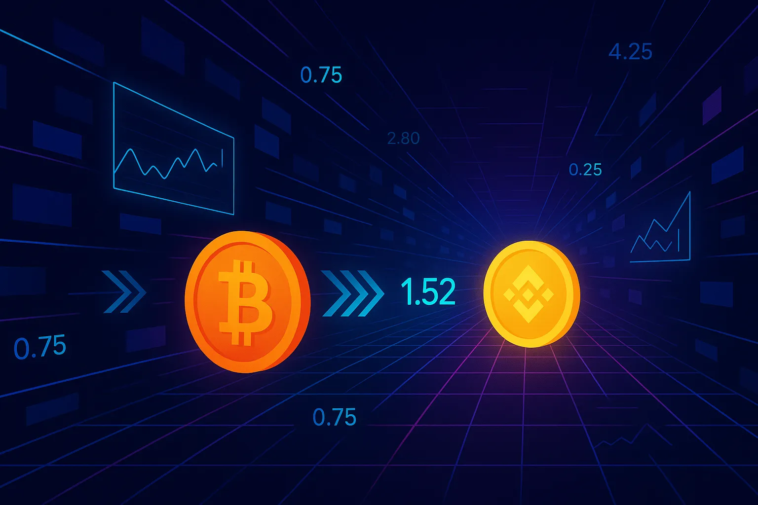 Abstract crypto tunnel showing BTC swapping to BNB with data and rates