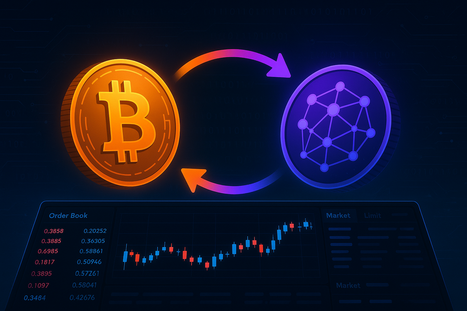 BTC to DOT swap illustration on crypto exchange dashboard with neon charts