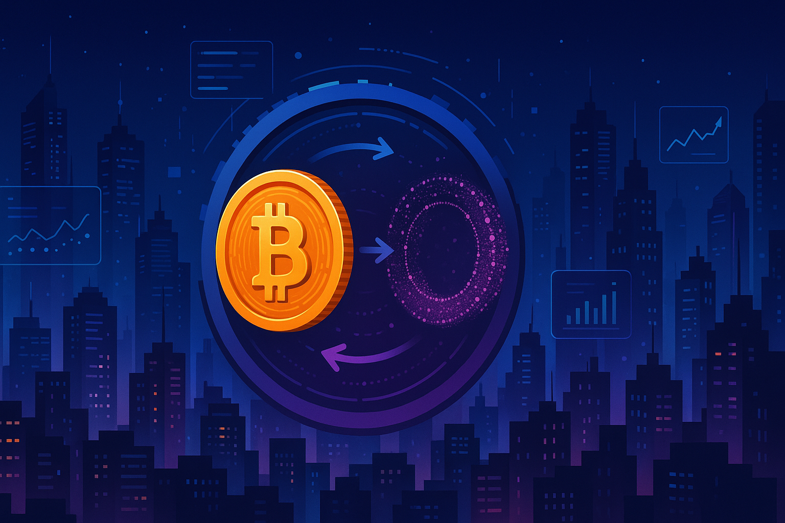 Cyberpunk city skyline with rotating BTC to DOT swap wheel at night