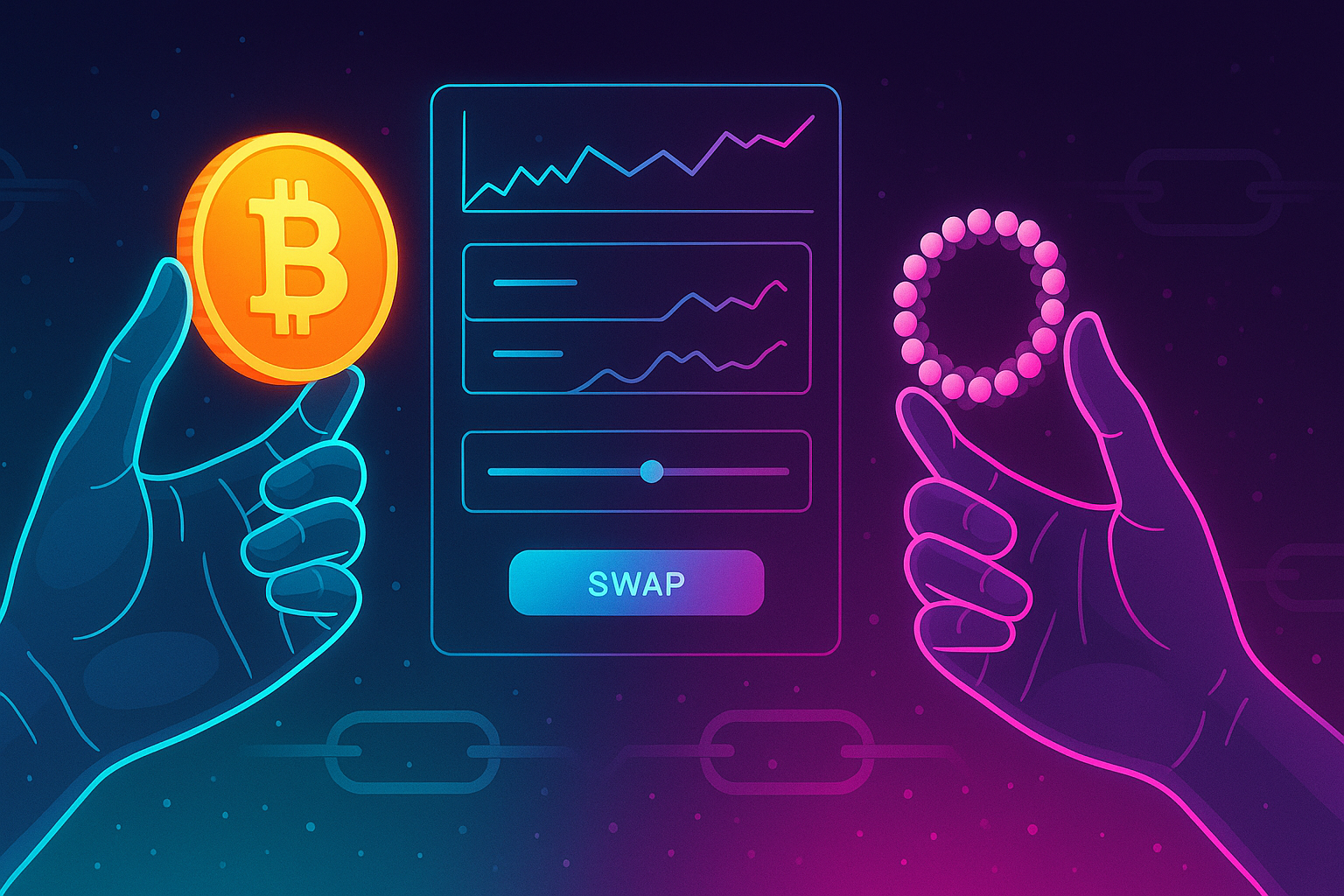 Holographic hands swapping BTC-like and DOT-like coins on a DeFi interface