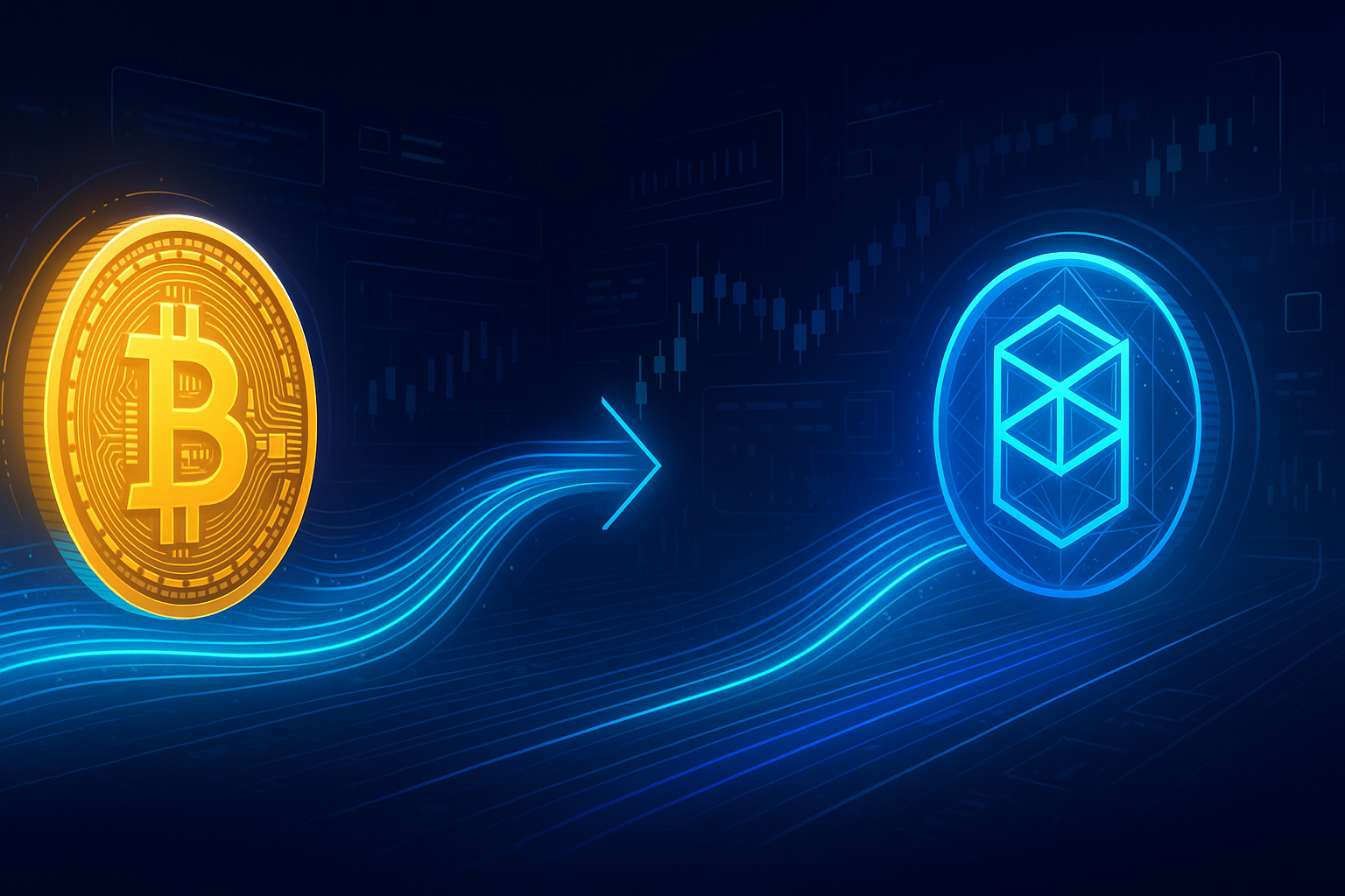 Futuristic crypto exchange banner visualizing a BTC to FTM swap on a digital trading interface