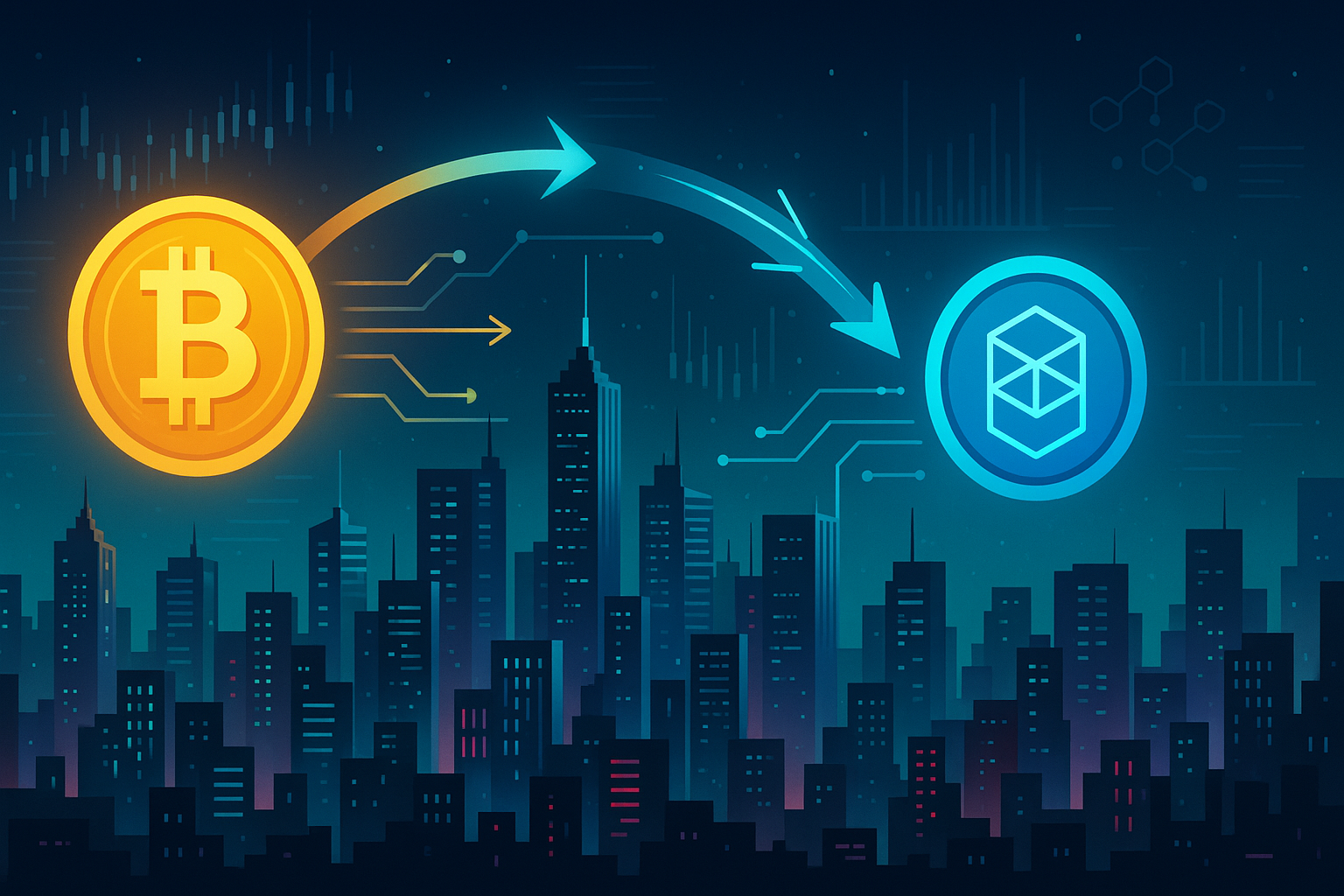 Cyberpunk skyline with holographic Bitcoin-to-Fantom coin swap graphics