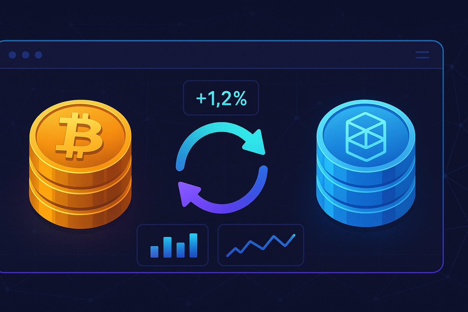 Digital dashboard showing BTC to FTM swap path with coins and charts