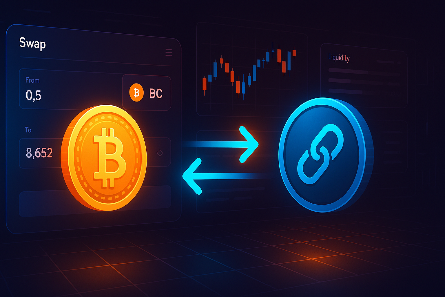 Crypto dashboard showing BTC to LINK swap with charts and liquidity pools