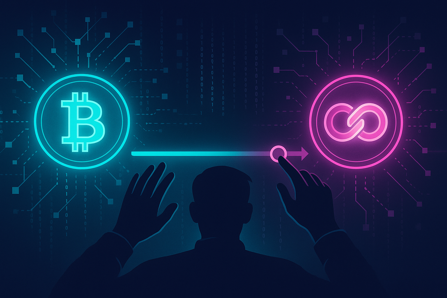 Cyberpunk trader swapping Bitcoin to Chainlink on futuristic crypto exchange interface