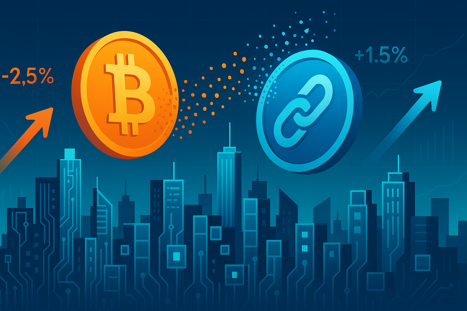 Bitcoin-to-Chainlink swap concept art with crypto city skyline and floating coins