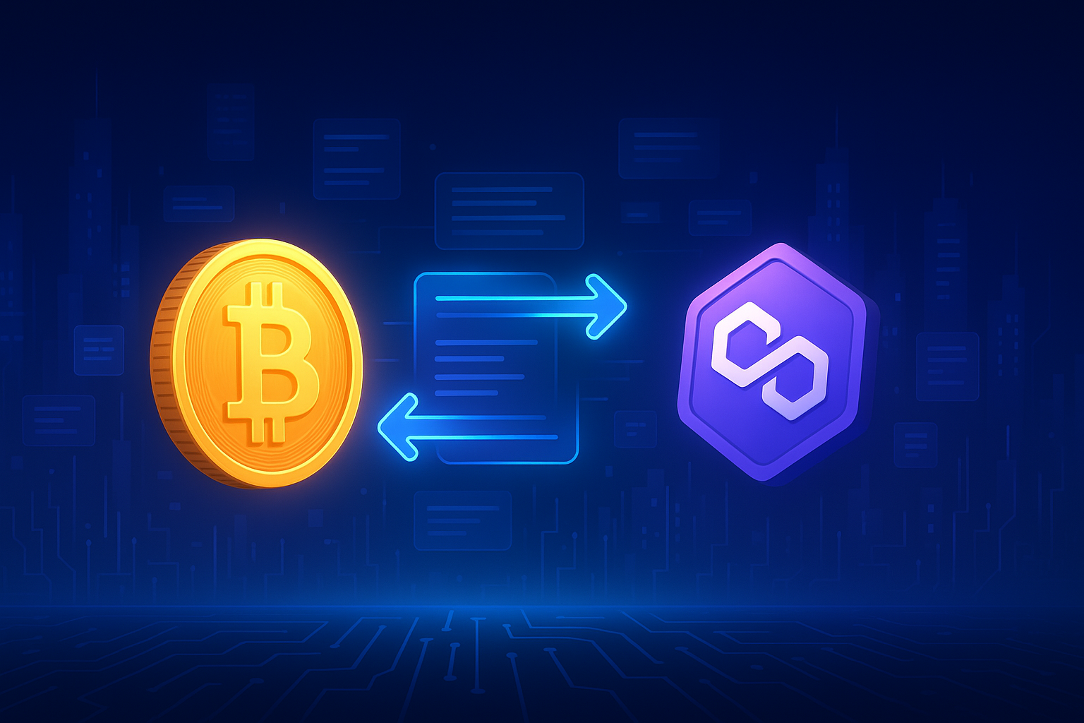 Modern crypto banner showing BTC to MATIC swap on a futuristic exchange