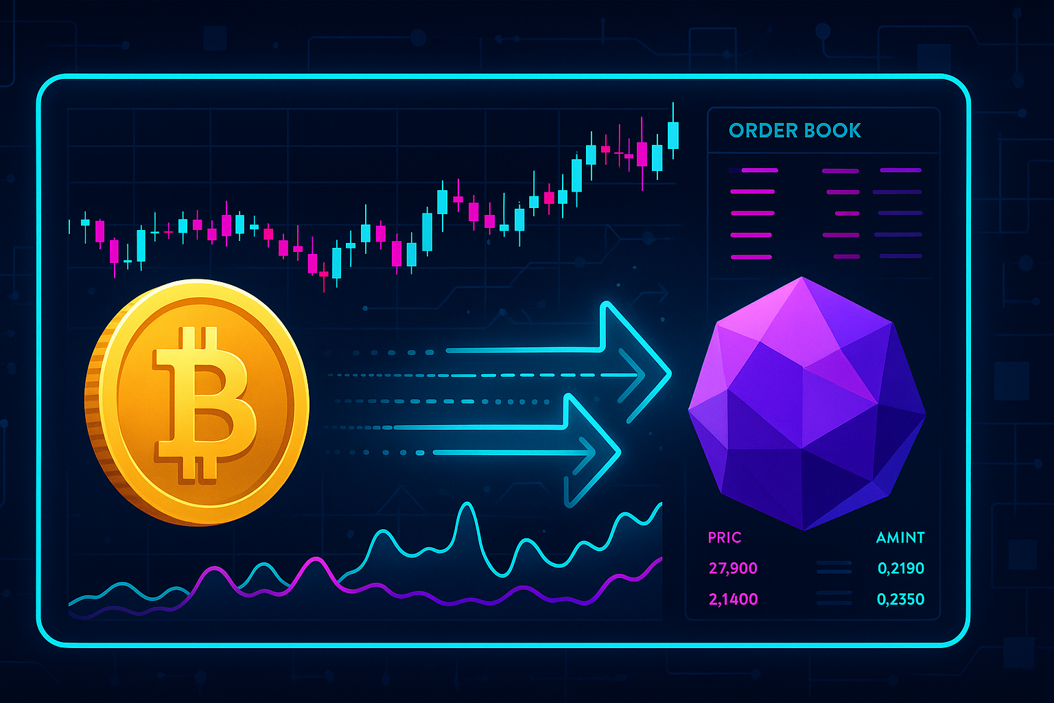 Futuristic crypto dashboard showing a BTC to MATIC swap in progress
