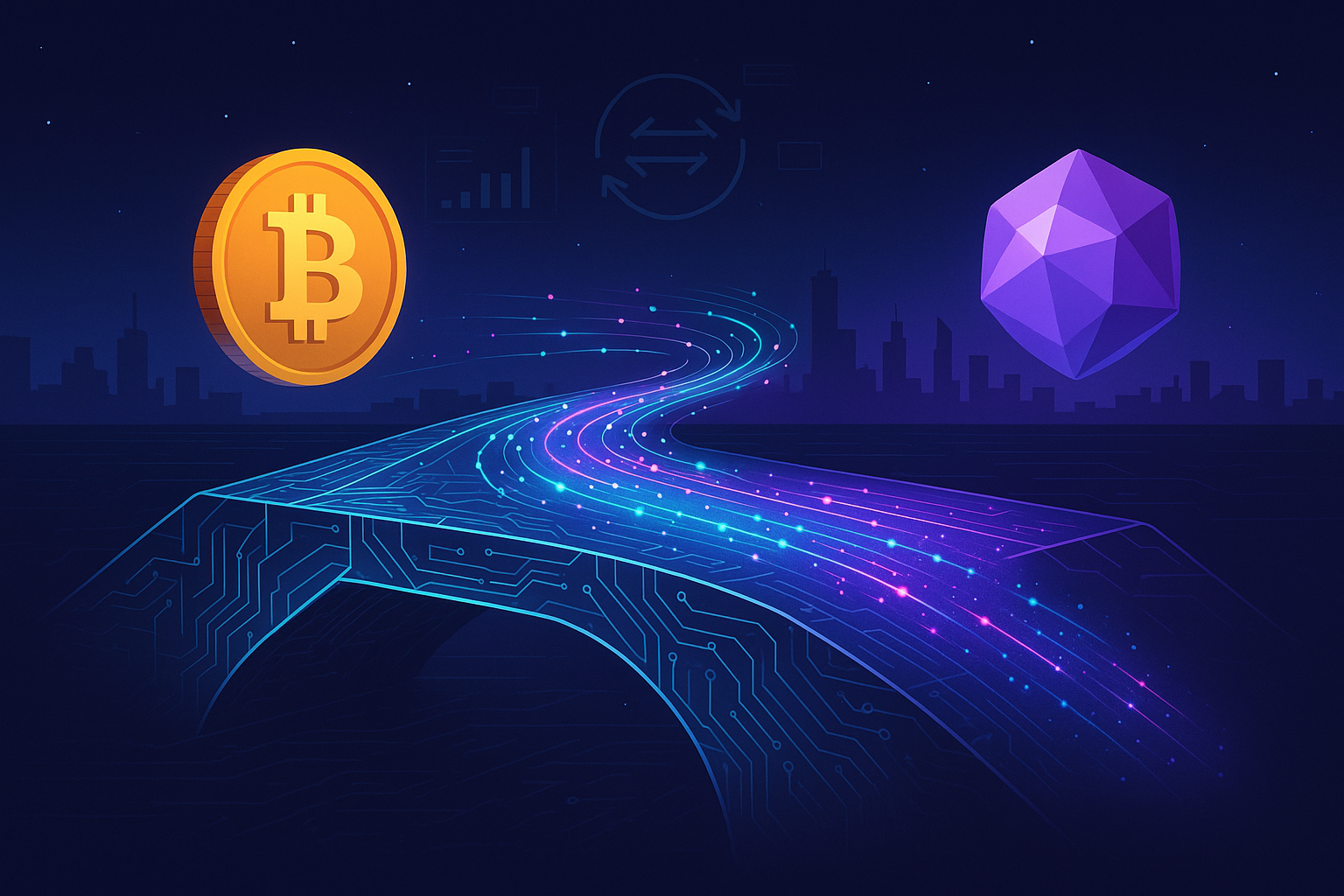 Digital bridge of glowing polygons showing BTC to MATIC swap with neon data streams