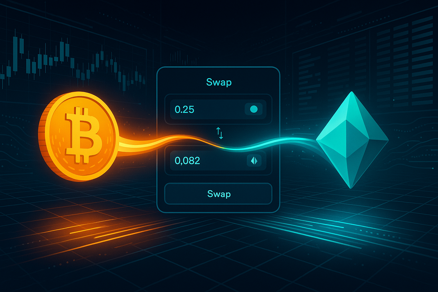 Decentralized BTC to NEAR swap interface with cyber grid and charts