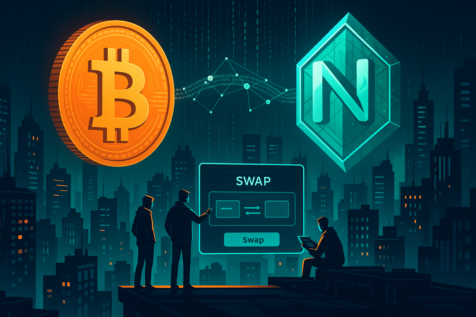 Cyberpunk skyline with holographic Bitcoin and NEAR coins linked by a swap interface