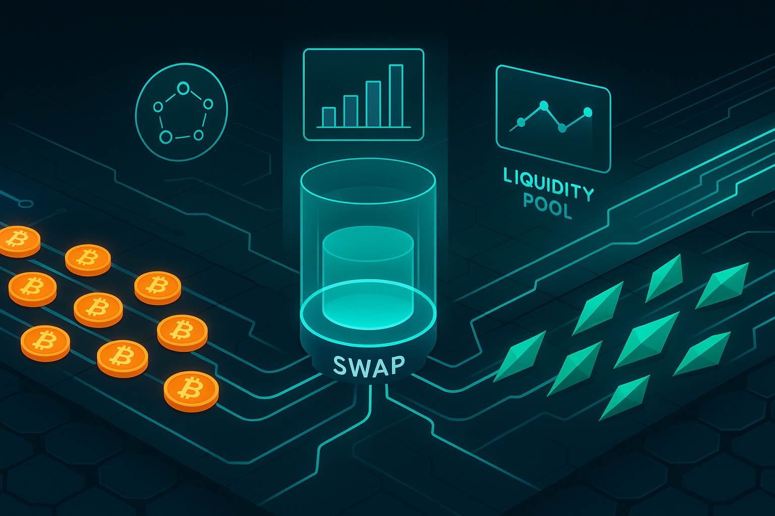 Futuristic digital highway visualizing a BTC to NEAR crypto swap
