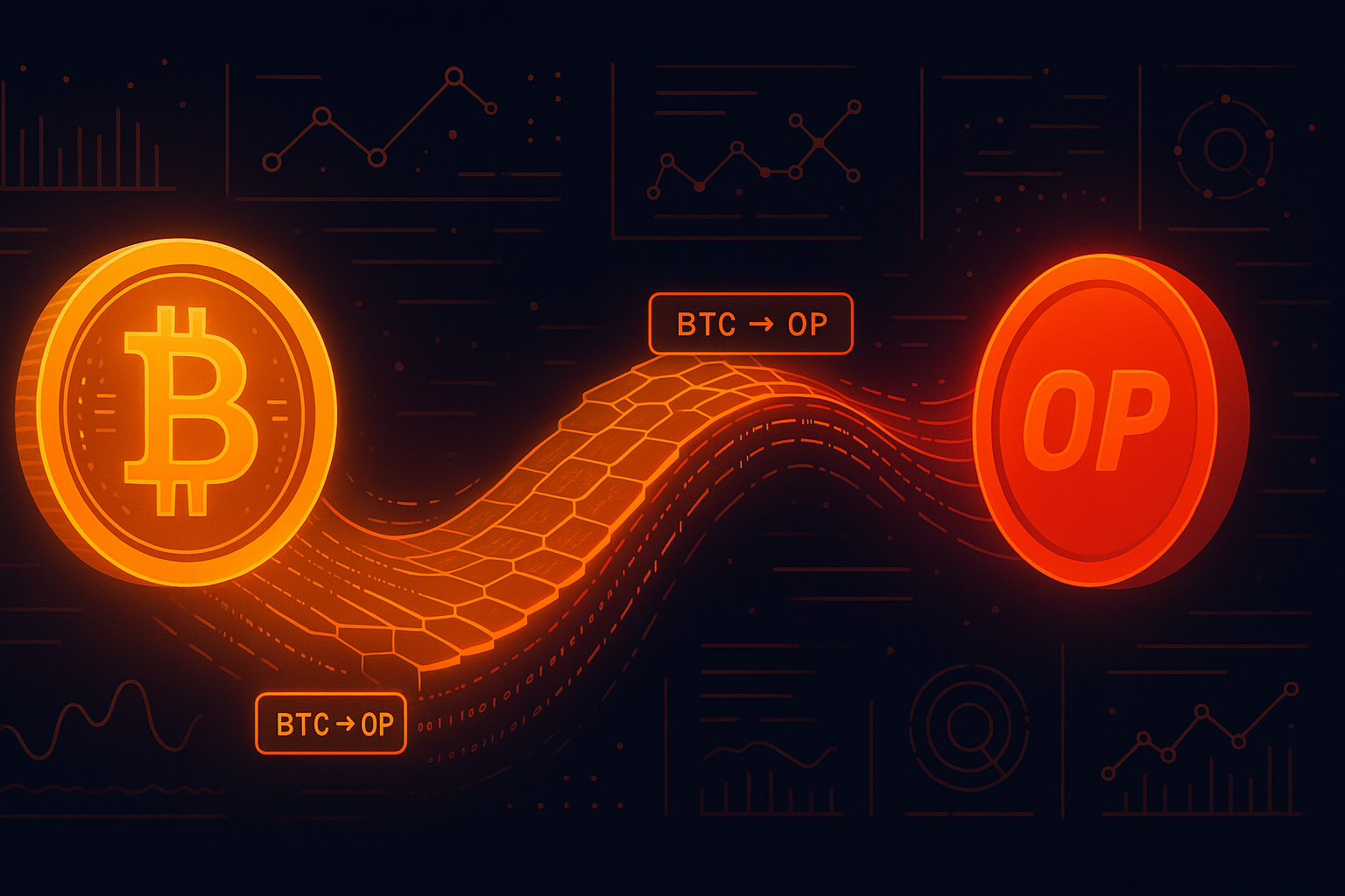 Neon crypto art of Bitcoin converting to OP token over a digital bridge